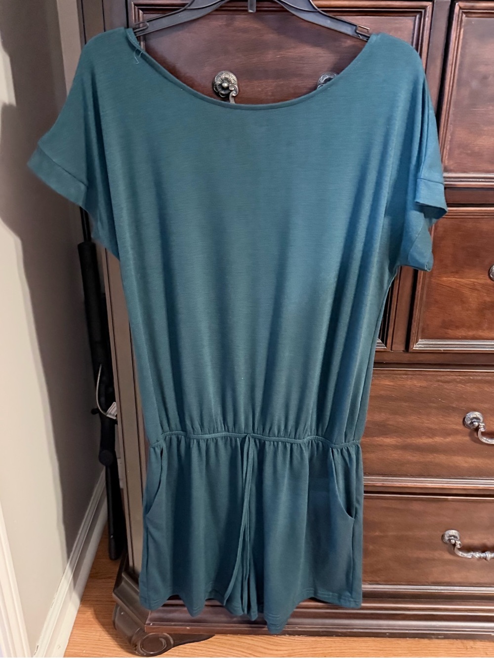Relaxed Teal Short-Sleeve Mini romper with Drawstring Waist